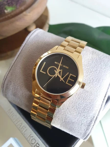 Michael Kors Slim Runway Black Dial Gold Steel Strap Watch for Women - MK3803