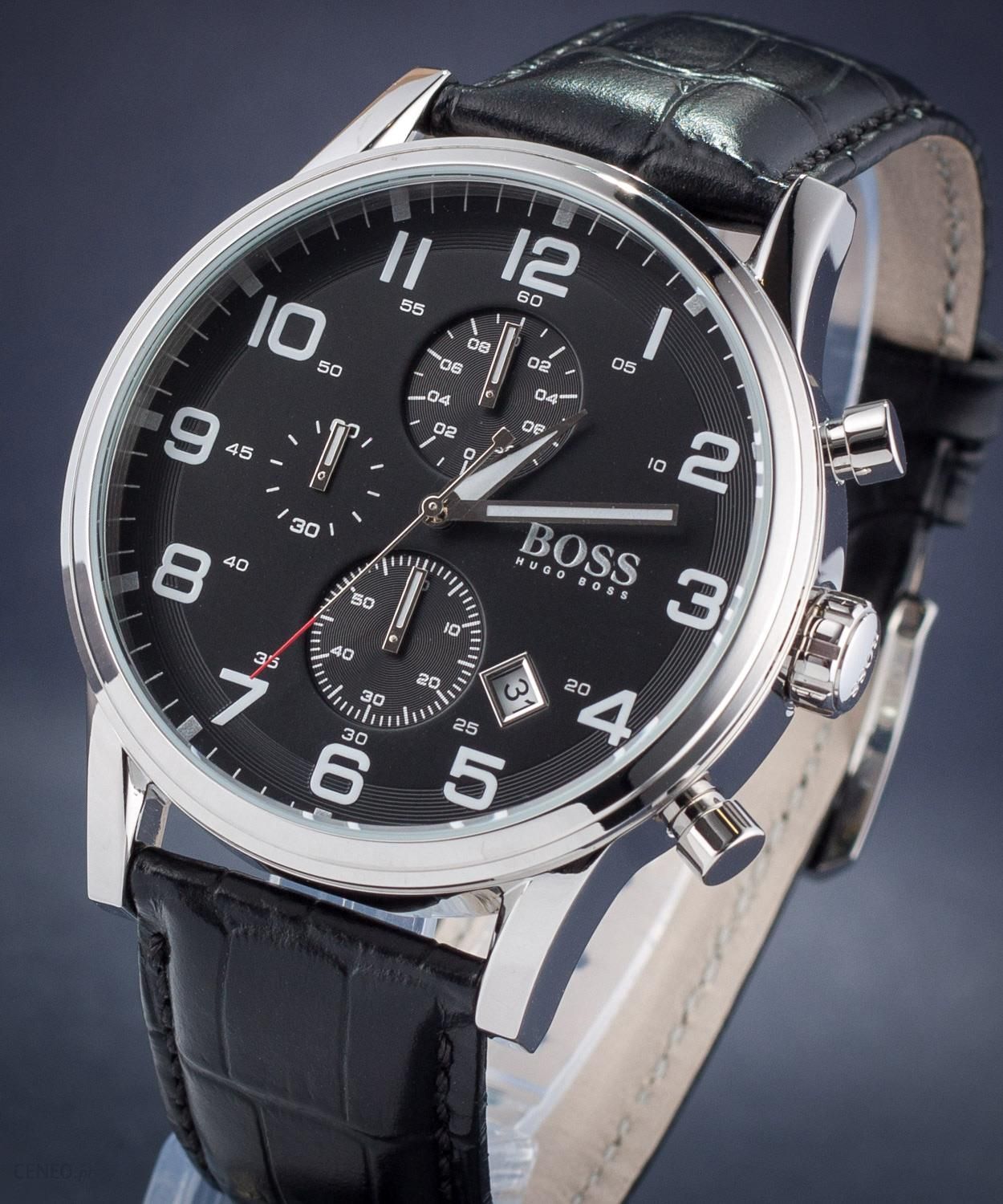 Hugo Boss Aeroliner Chronograph Black Dial Black Leather Strap Watch For Men - 1512448