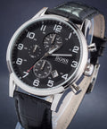  Shop Authentic Hugo Boss Aeroliner Chronograph Black Dial Black Leather Strap Watch For Men - 1512448 - Luxxuri