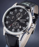  Shop Authentic Hugo Boss Aeroliner Chronograph Black Dial Black Leather Strap Watch For Men - 1512448 - Luxxuri
