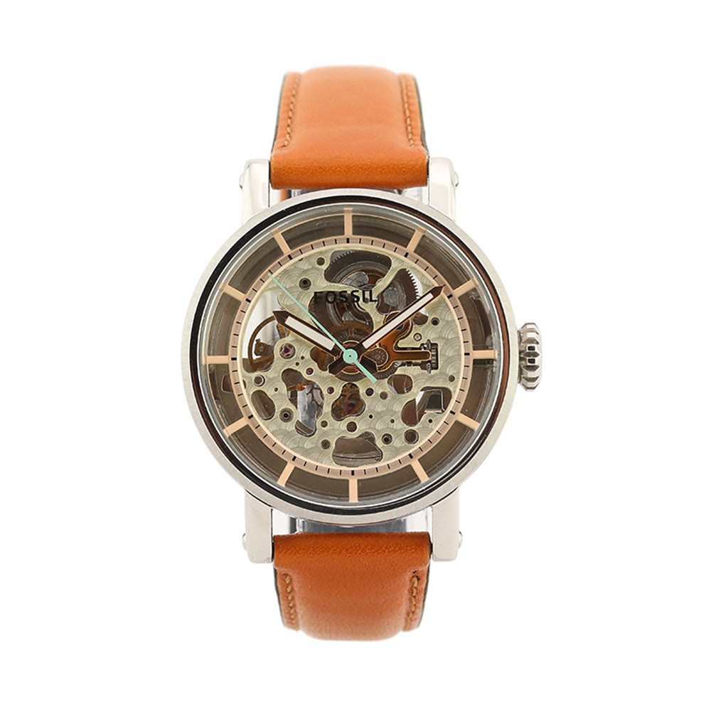  Shop Authentic Fossil Boyfriend Automatic Skeleton Silver Dial Brown Leather Strap Watch for Women - ME3109 - Luxxuri