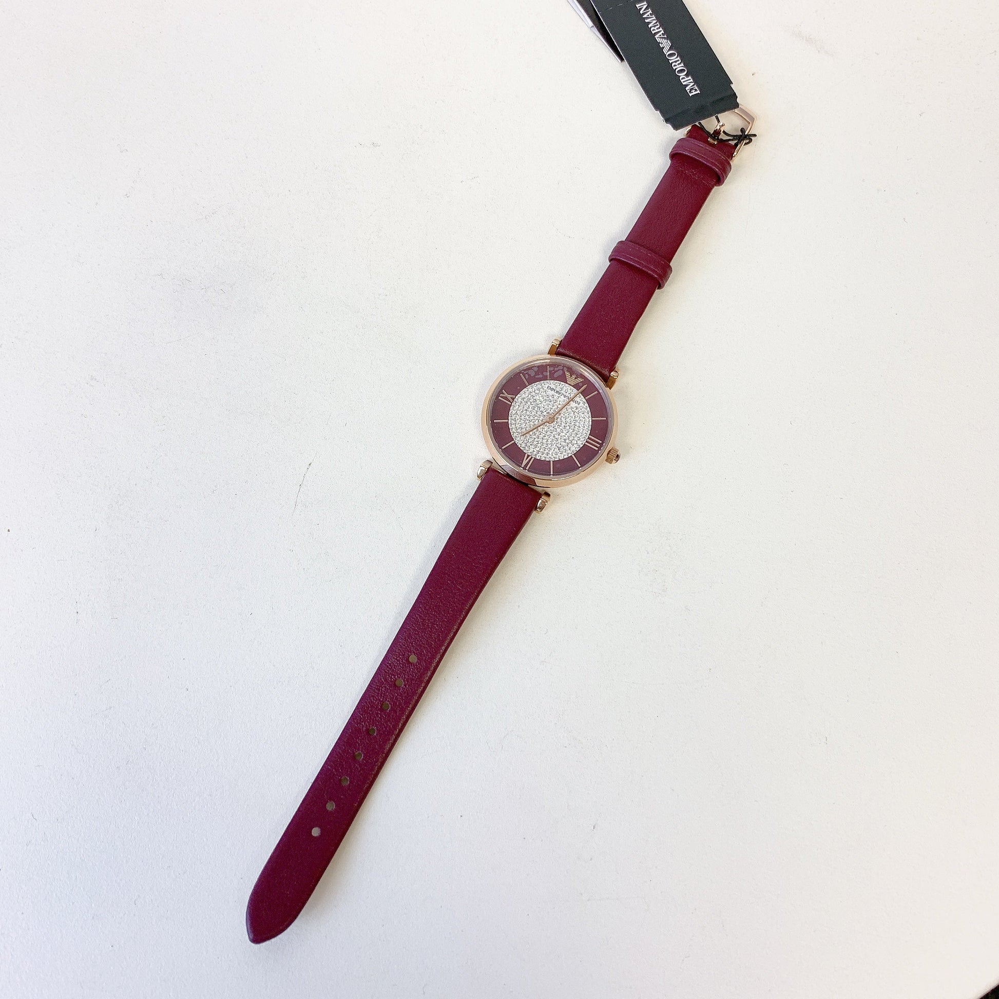  Shop Authentic Emporio Armani Gianni T Bar Crystals Maroon Dial Maroon Leather Strap Watch for Women - AR11487 - Luxxuri