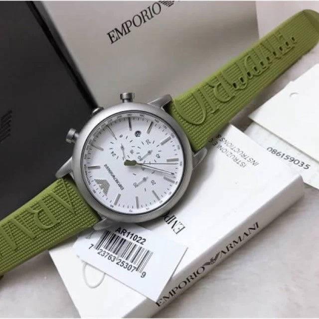  Shop Authentic Emporio Armani Chronograph White Dial Green Rubber Strap Watch For Men - AR11022 - Luxxuri