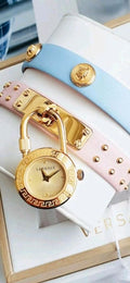  Shop Authentic Versace Medusa Lock Icon Quartz Gold Dial Pink & Blue Leather Strap Watch For Women - VEDW00219 - Luxxuri