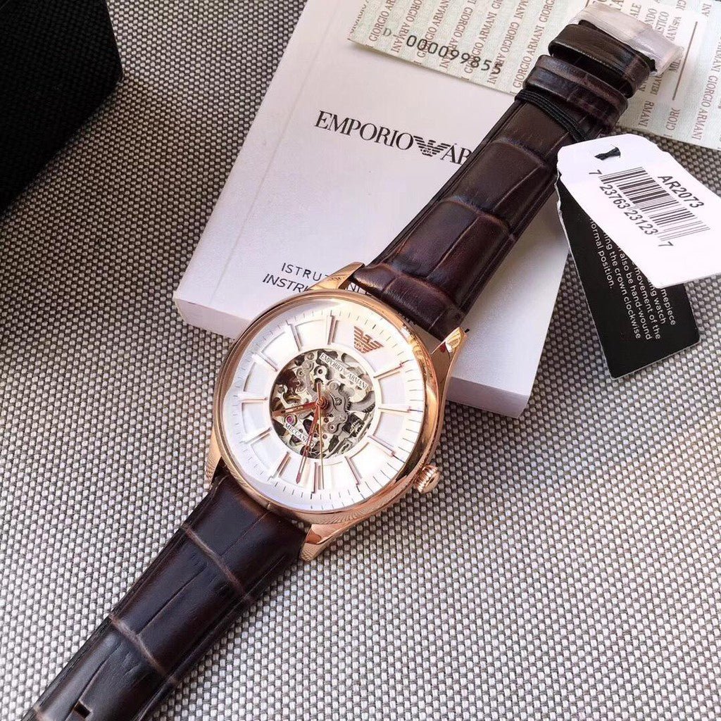  Shop Authentic Emporio Armani Epoca White Skeletal Dial Black Leather Strap Watch For Men - AR2073 - Luxxuri