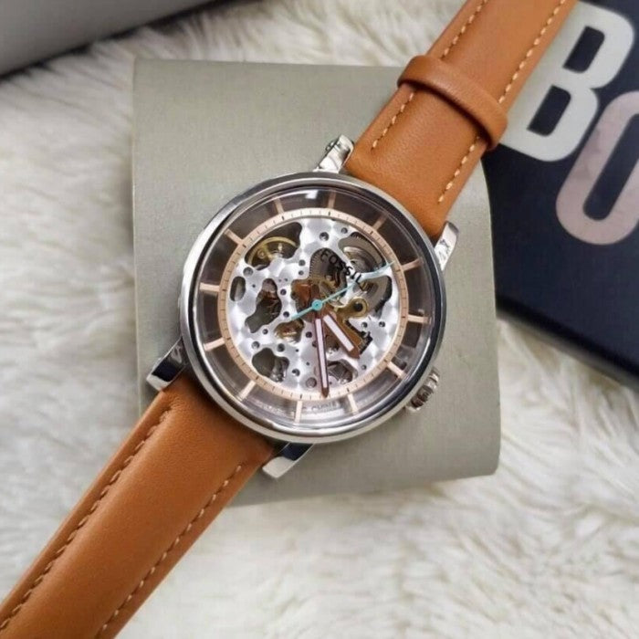  Shop Authentic Fossil Boyfriend Automatic Skeleton Silver Dial Brown Leather Strap Watch for Women - ME3109 - Luxxuri