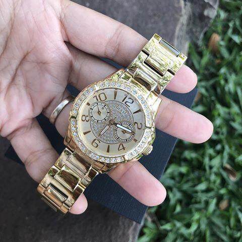 Guess Sassy Analog Quartz Gold Dial Gold Steel Strap Watch For Women - W0705L2