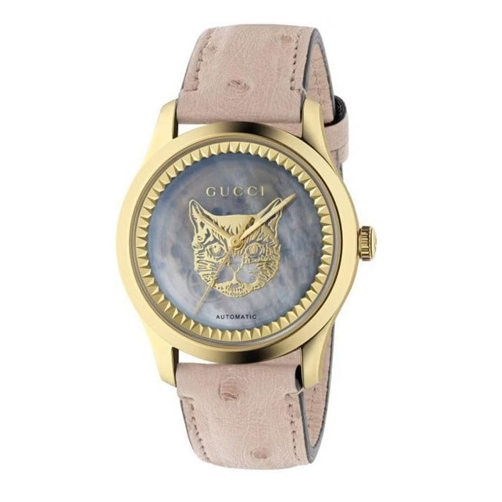  Shop Authentic Gucci G Timeless Skeleton 16K Gold Mother of Pearl Dial Pink Leather Strap Watch For Women - YA1264110 - Luxxuri