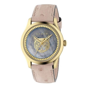  Shop Authentic Gucci G Timeless Skeleton 16K Gold Mother of Pearl Dial Pink Leather Strap Watch For Women - YA1264110 - Luxxuri