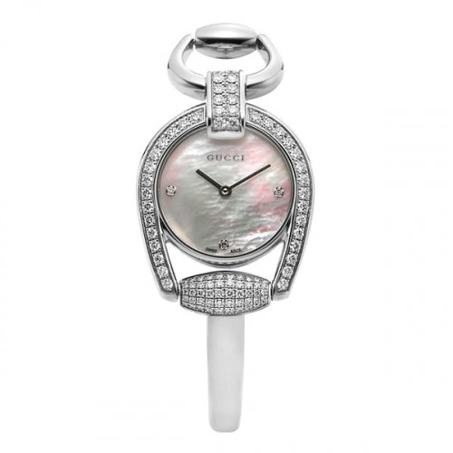  Shop Authentic Gucci Horsebit Collection Diamonds Mother of Pearl Dial Silver Steel Strap Watch For Women - YA139505 - Luxxuri