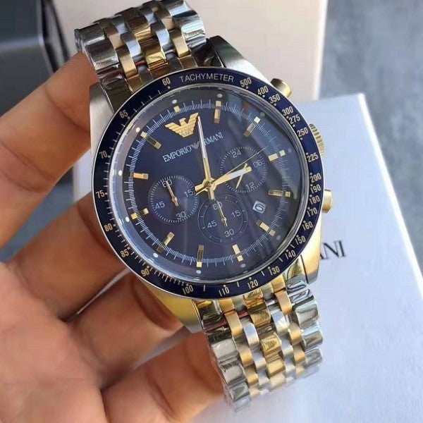  Shop Authentic Emporio Armani Tazio Chronograph Blue Dial Two Tone Stainless Steel Watch For Men - AR6088 - Luxxuri