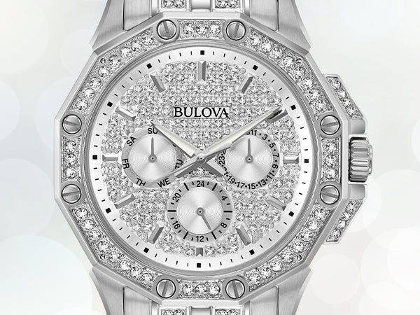  Shop Authentic Bulova Crystal Collection Pave Silver Dial with Crystals Silver Steel Strap Watch for Men - 96C134 - Luxxuri