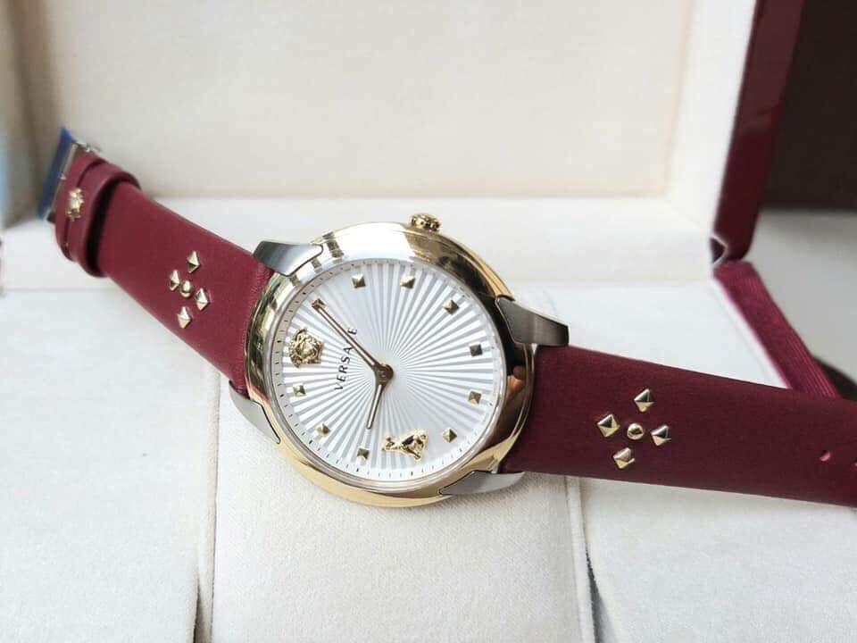 Shop Authentic Versace Audrey Quartz Silver Dial Red Leather Strap Watch for Women - VELR00219 - Luxxuri