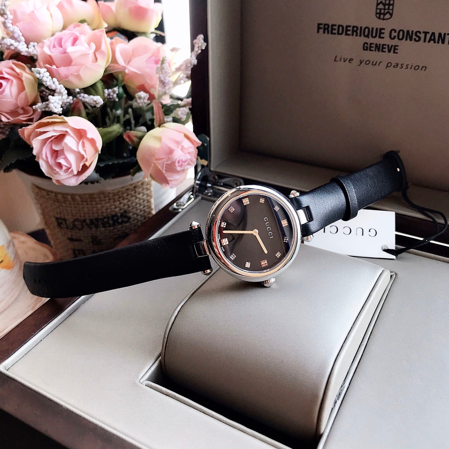  Shop Authentic Gucci Diamantissima Diamonds Black Dial Black Leather Strap Watch For Women - YA141403 - Luxxuri