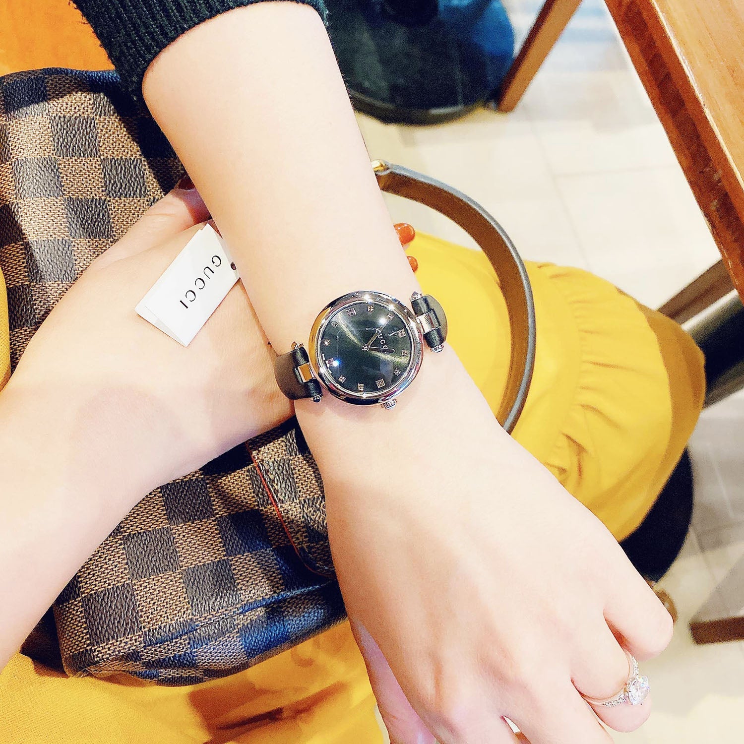  Shop Authentic Gucci Diamantissima Diamonds Black Dial Black Leather Strap Watch For Women - YA141403 - Luxxuri