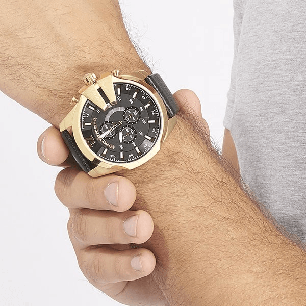 Diesel Mega Chief Gold & Black Dial Black Leather Strap Watch For Men - DZ4344
