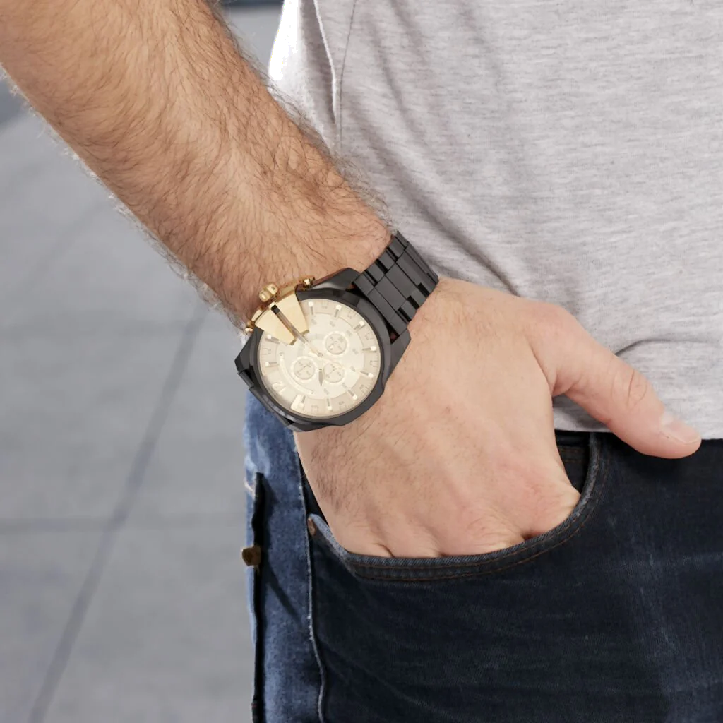  Shop Authentic Diesel Mega Chief Chronograph Gold Dial Black Steel Strap Watch For Men - DZ4485 - Luxxuri