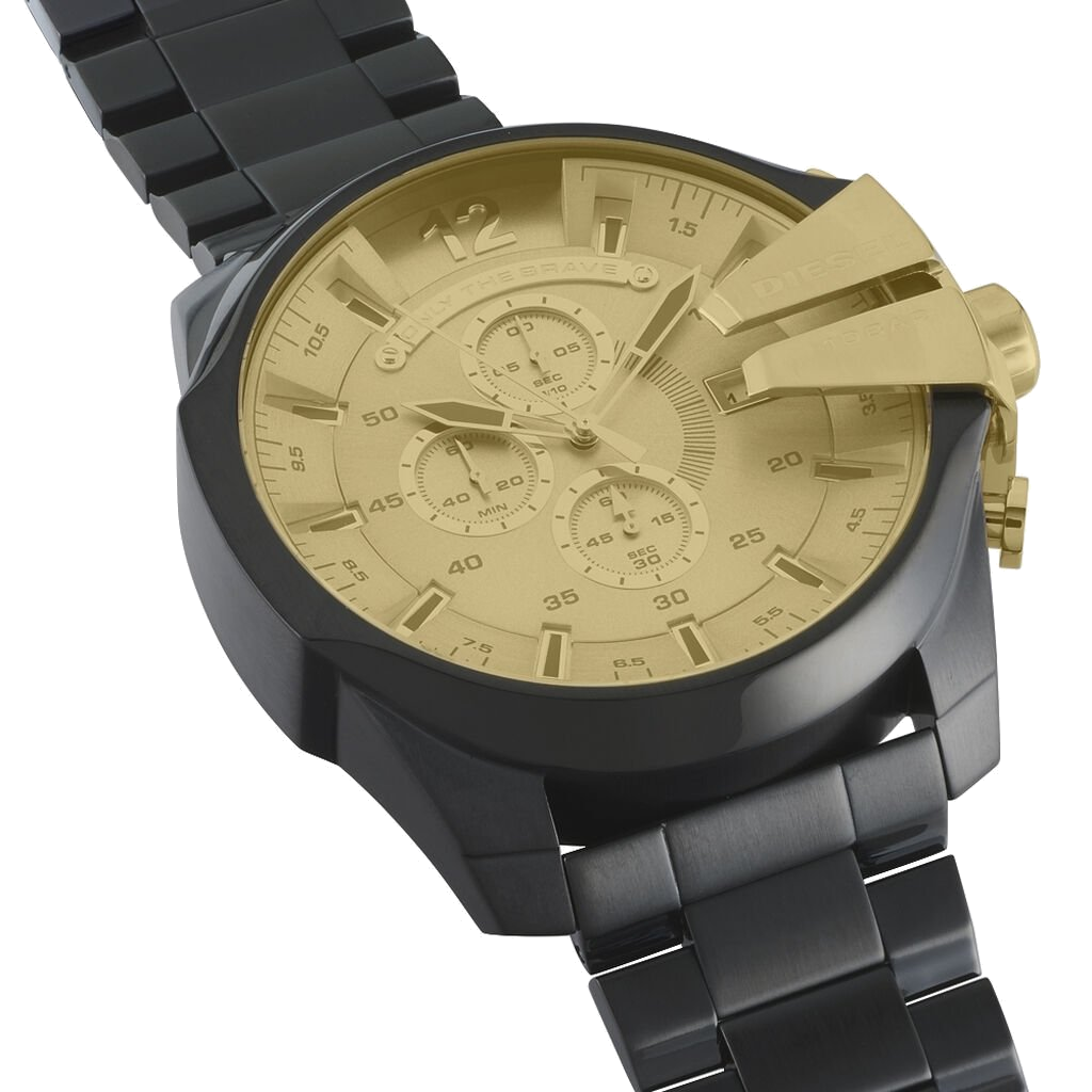  Shop Authentic Diesel Mega Chief Chronograph Gold Dial Black Steel Strap Watch For Men - DZ4485 - Luxxuri