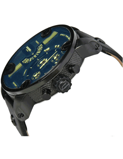 Diesel Little Daddy Blue Dial Black Leather Strap Watch For Men - DZ7257