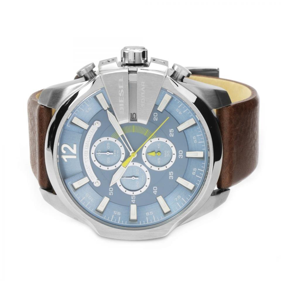 Diesel Mega Chief Light Blue Dial Brown Leather Strap Watch For Men - DZ4281