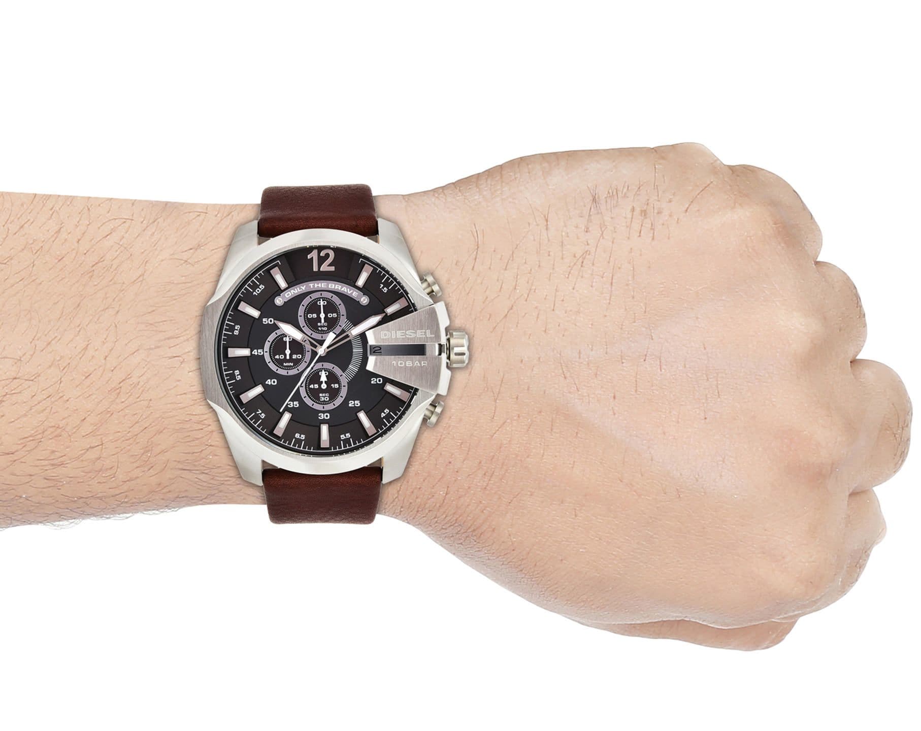 Diesel Mega Chief Black & Silver Round Dial Brown Leather Strap Watch For Men - DZ4290