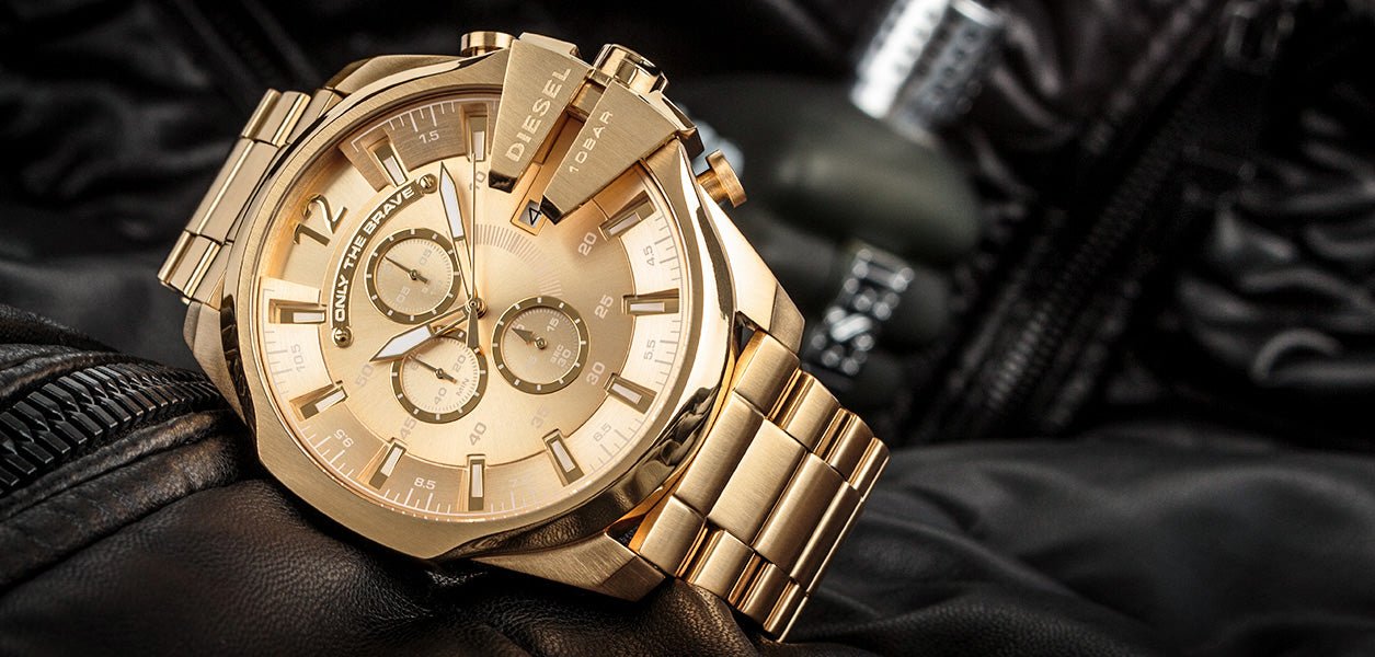 Diesel Mega Chief Gold Dial Gold Steel Strap Watch For Men - DZ4360