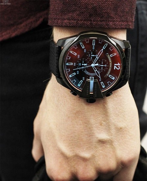 Diesel Mega Chief Black Dial Black Leather Strap Watch For Men - DZ4323
