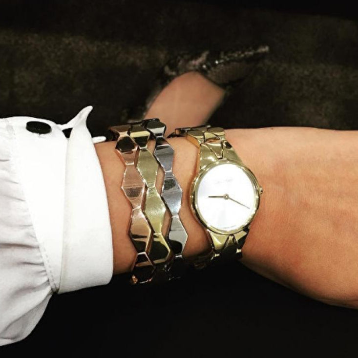 Calvin Klein Snake Silver Dial Yellow Gold Steel Strap Watch For Women - K6E23546