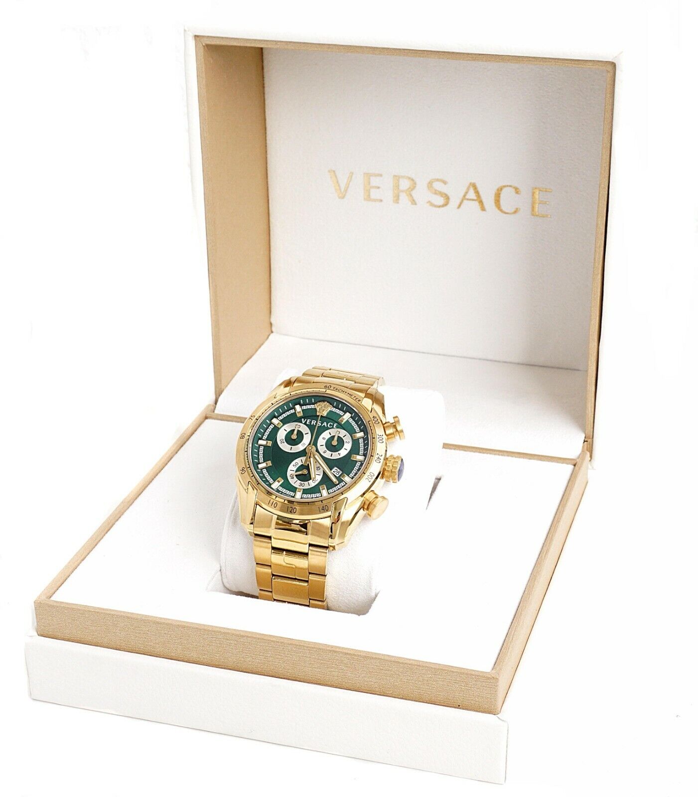  Shop Authentic Versace V-Ray Chronograph Quartz Green Dial Gold Steel Strap Watch For Men - VE2I00621 - Luxxuri