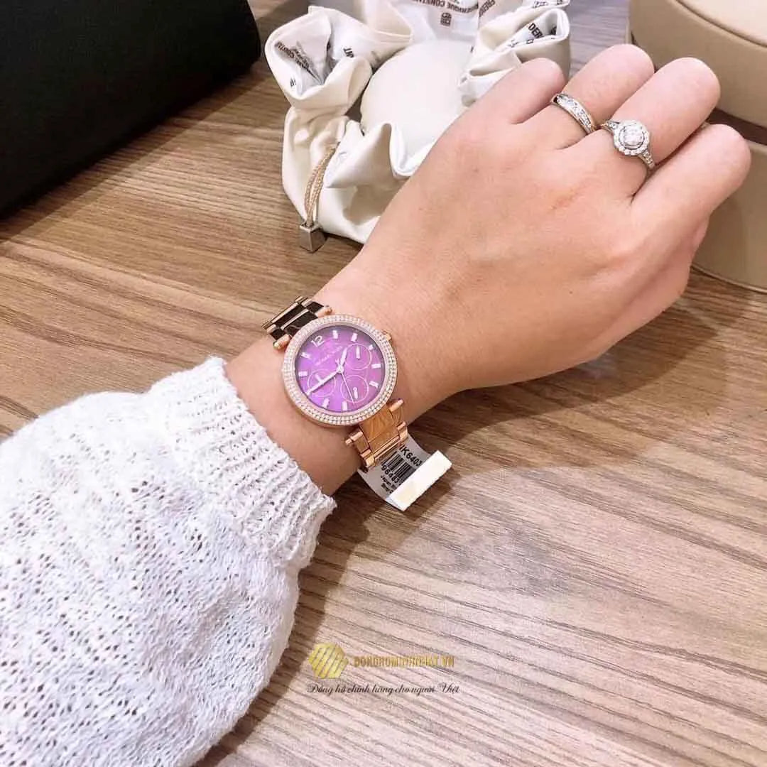  Shop Authentic Michael Kors Mini Parker Multi-Function Plum Mother of Pearl Dial Rose Gold Steel Strap Watch For Women - MK6403 - Luxxuri