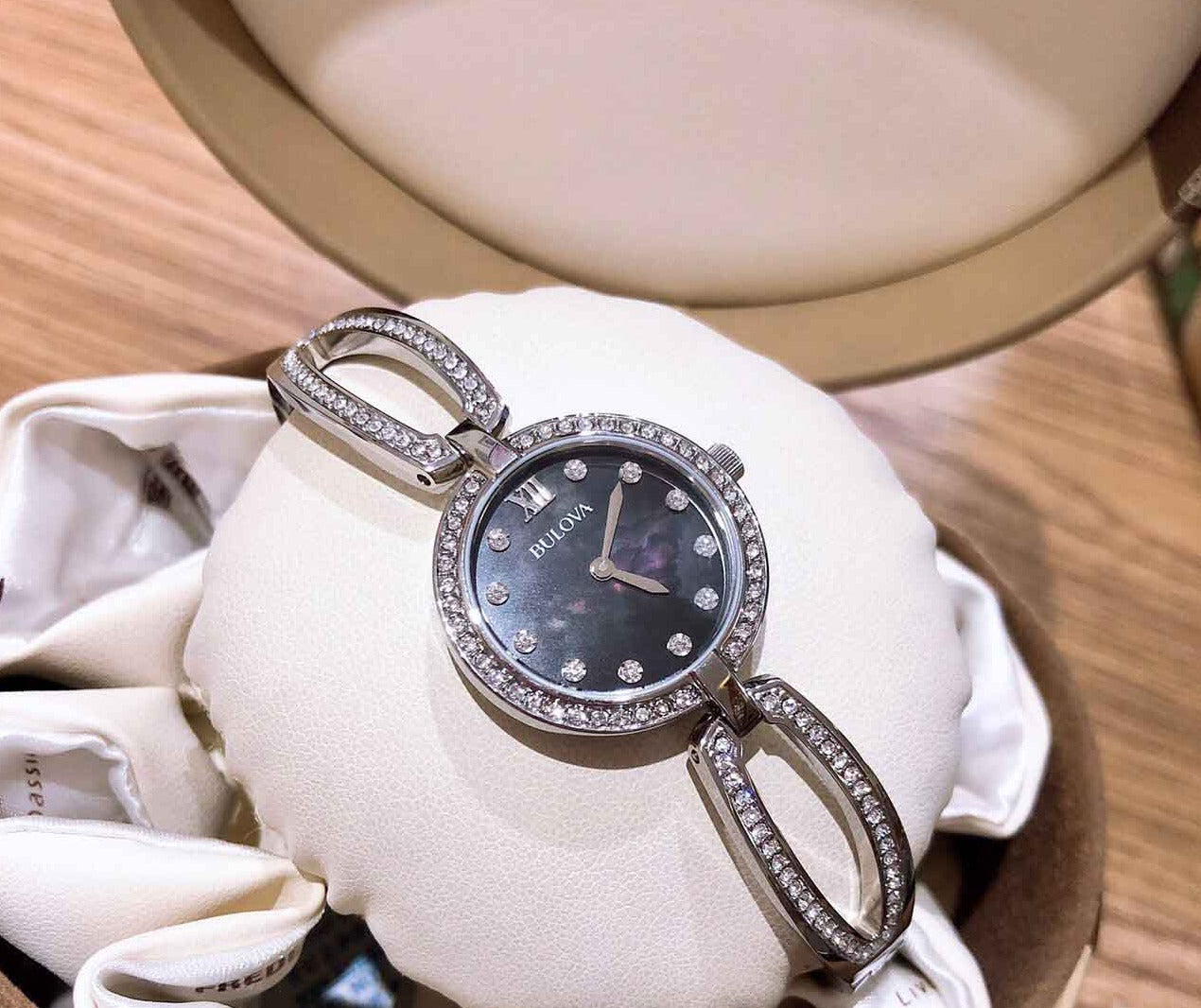  Shop Authentic Bulova Crystal Black Mother of Pearl Dial Silver Steel Strap Watch for Women - 96L224 - Luxxuri