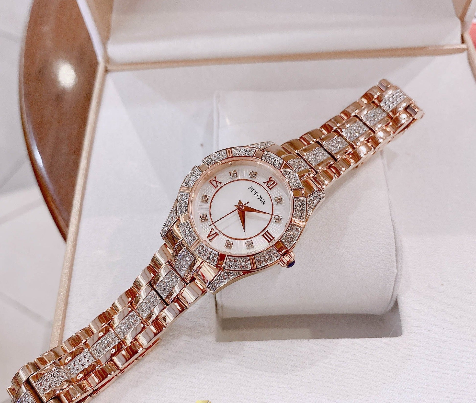  Shop Authentic Bulova Crystal Mother of Pearl Dial Rose Gold Steel Strap Watch for Women - 98L197 - Luxxuri