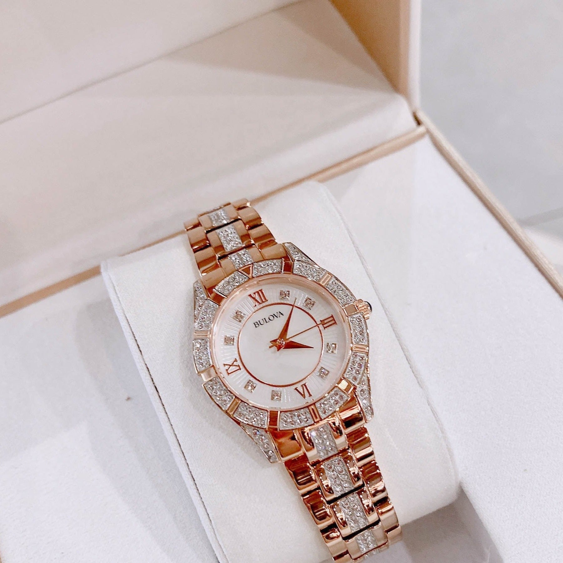  Shop Authentic Bulova Crystal Mother of Pearl Dial Rose Gold Steel Strap Watch for Women - 98L197 - Luxxuri