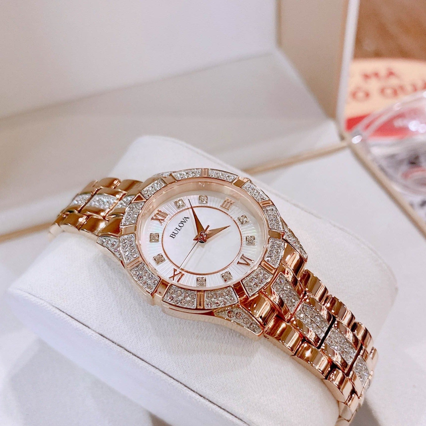 Bulova Crystal Mother of Pearl Dial Rose Gold Steel Strap Watch for Women - 98L197