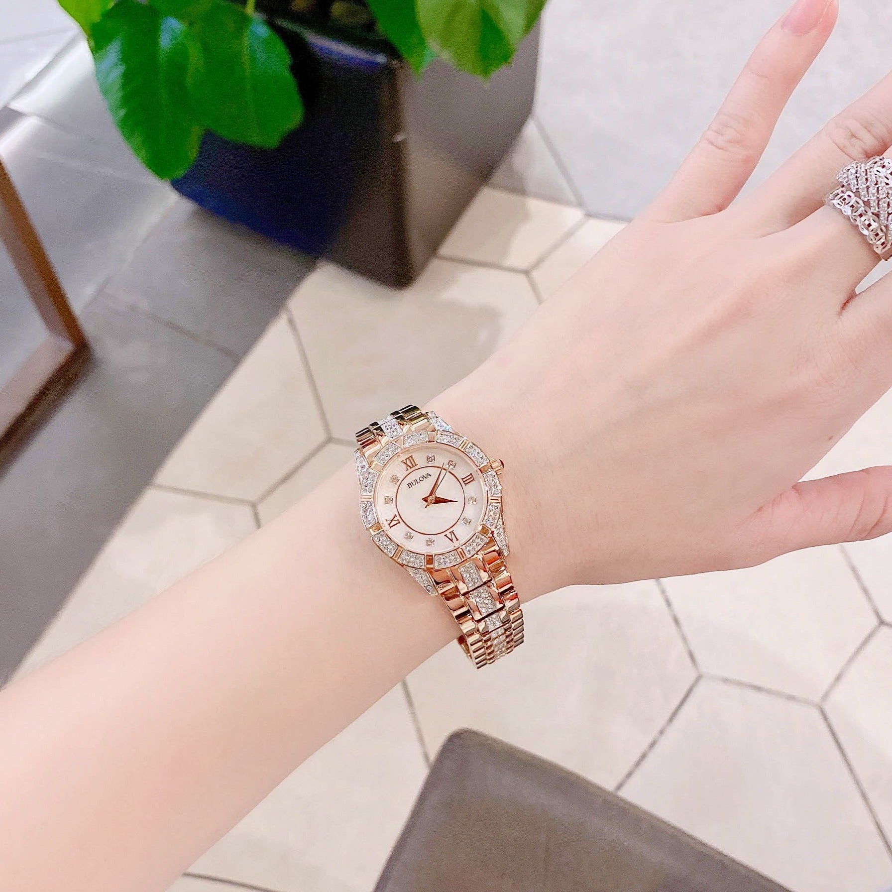  Shop Authentic Bulova Crystal Mother of Pearl Dial Rose Gold Steel Strap Watch for Women - 98L197 - Luxxuri