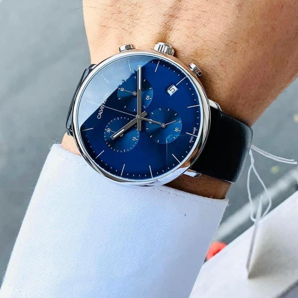  Shop Authentic Calvin Klein High Noon Chronograph Blue Dial Black Leather Strap Watch for Men - K8M271CN - Luxxuri