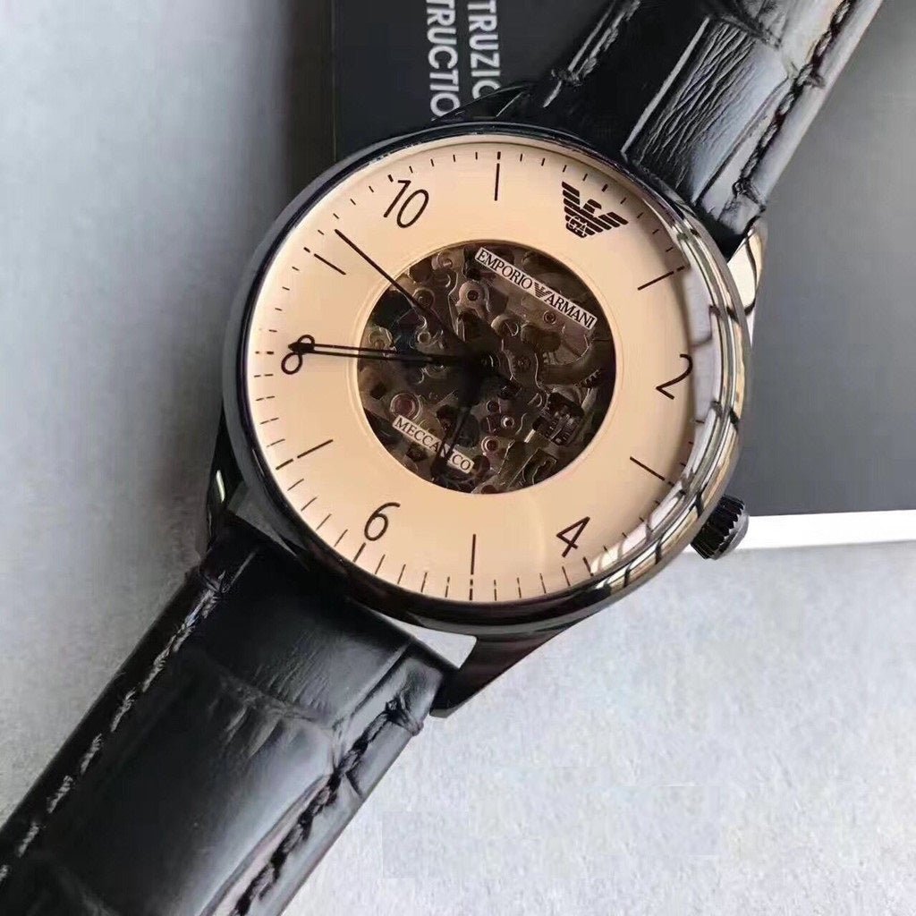  Shop Authentic Emporio Armani Meccanico White Dial Black Leather Strap Watch For Men - AR1923 - Luxxuri