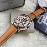  Shop Authentic Fossil Boyfriend Automatic Skeleton Silver Dial Brown Leather Strap Watch for Women - ME3109 - Luxxuri
