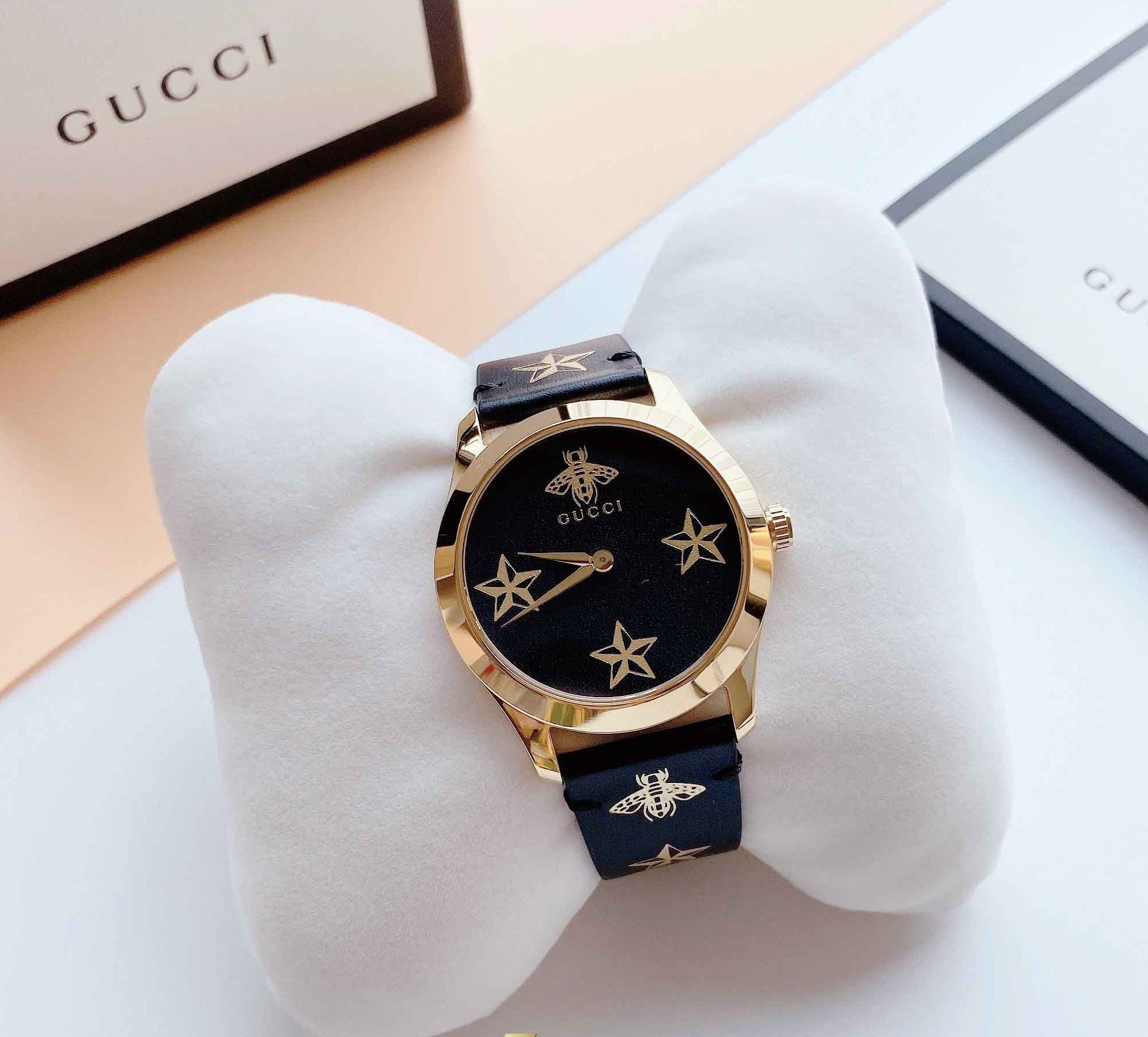 Gucci G Timeless Bee Motif Black Dial Black Leather Strap Watch For Women - YA1264055