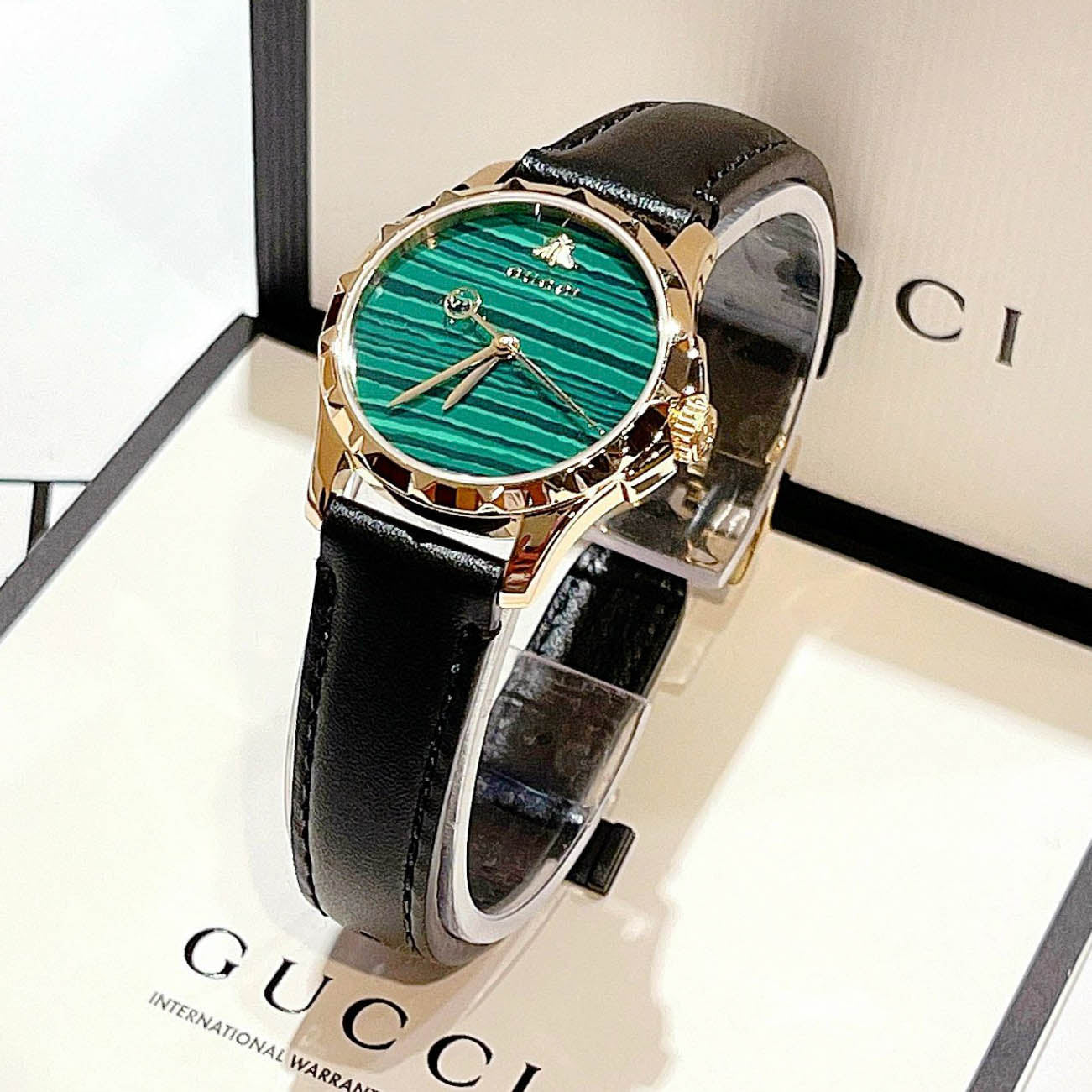  Shop Authentic Gucci Le Marche Des Merveilles Quartz Green Dial Black Leather Strap Watch For Women - YA126463 - Luxxuri
