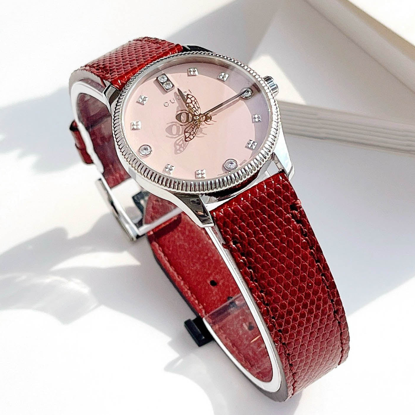  Shop Authentic Gucci G Timeless Quartz Diamonds Pink Dial Red Leather Strap Watch For Women - YA1265017 - Luxxuri