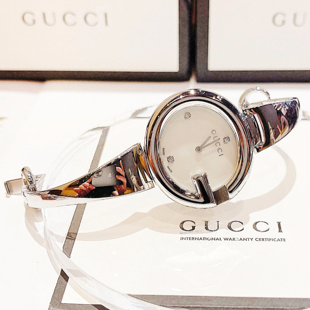  Shop Authentic Gucci Guccissima Diamonds Mother of Pearl Dial Silver Steel Strap Watch For Women - YA134303 - Luxxuri