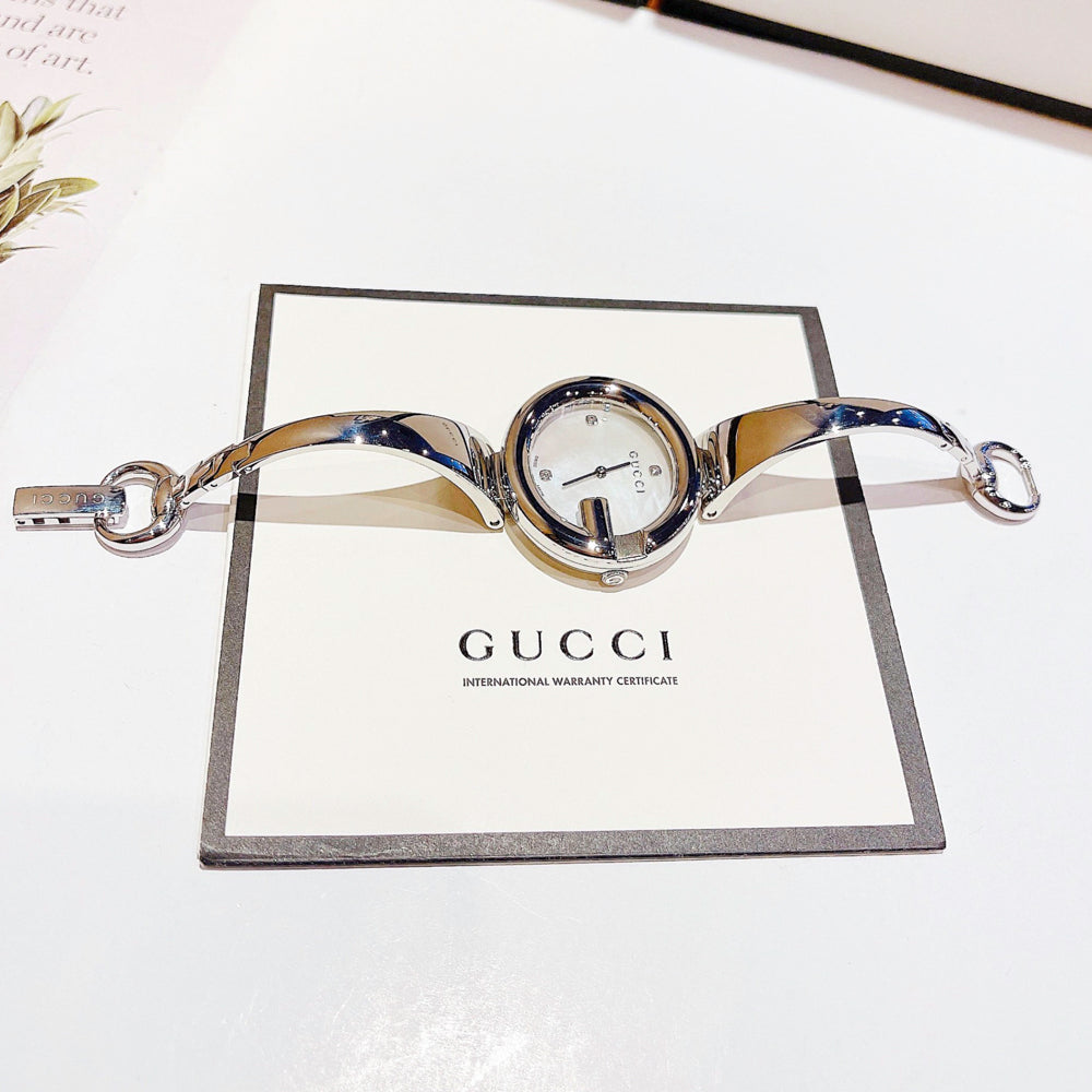  Shop Authentic Gucci Guccissima Diamonds Mother of Pearl Dial Silver Steel Strap Watch For Women - YA134303 - Luxxuri