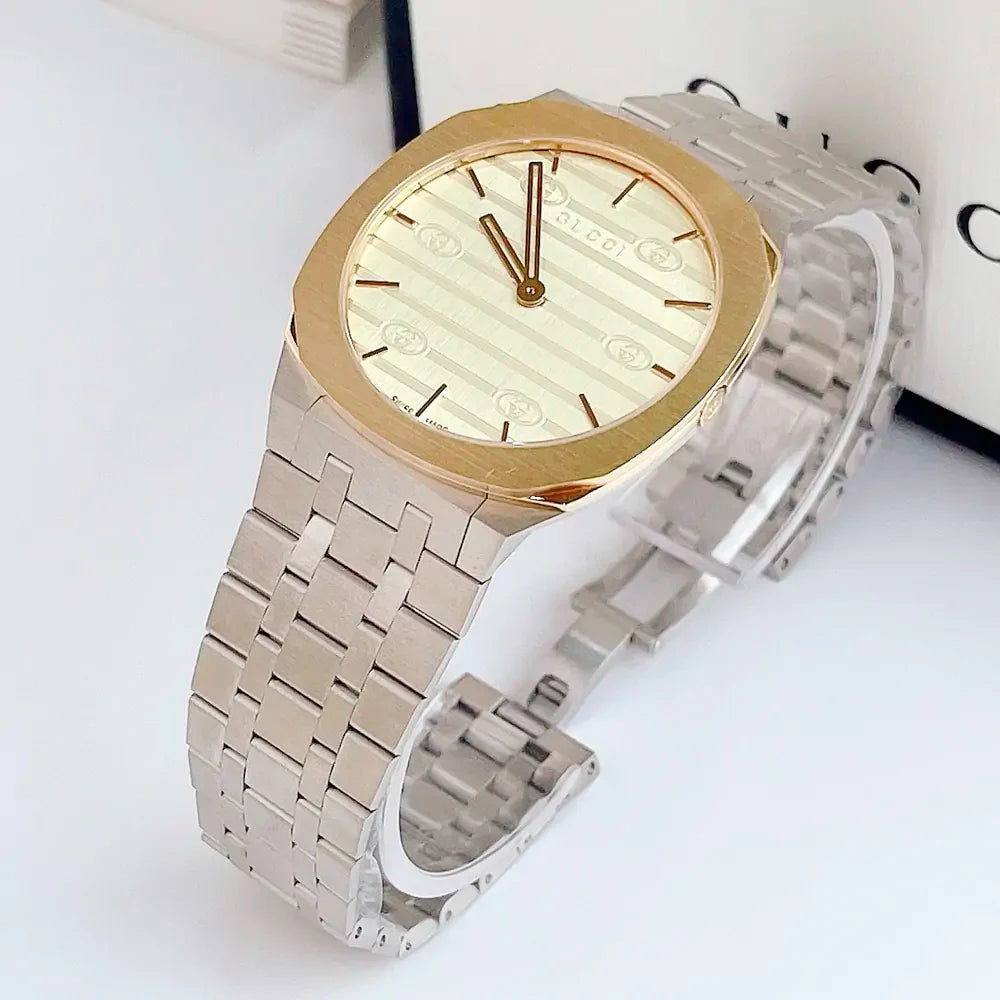  Shop Authentic Gucci 25H Quartz Gold Dial Silver Steel Strap Watch for Men - YA163405 - Luxxuri