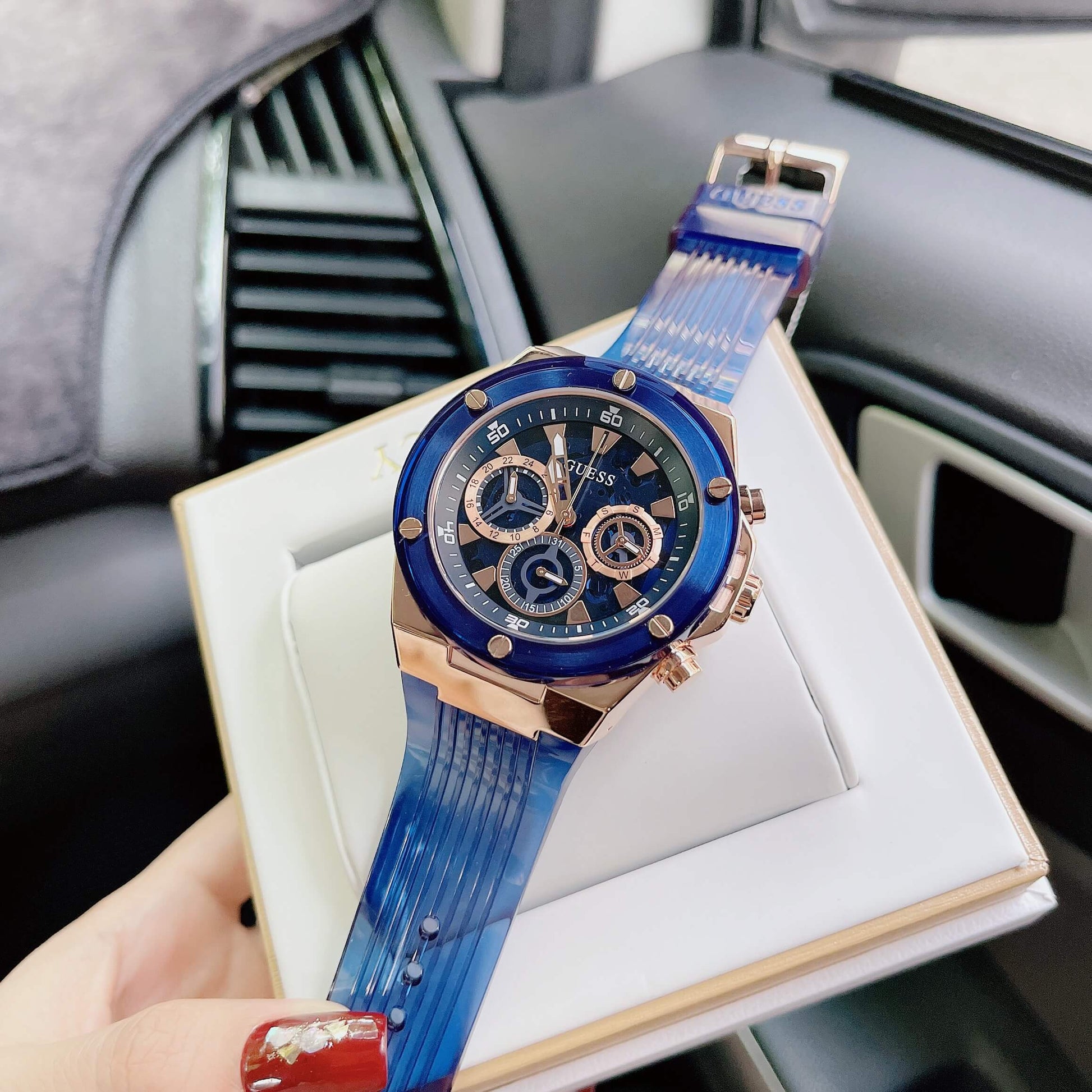  Shop Authentic Guess Poseidon Chronograph Blue Dial Blue Silicone Strap Watch For Men - GW0425G3 - Luxxuri