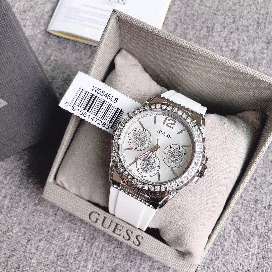  Shop Authentic Guess Starlight Multifunction Diamonds White Dial White Rubber Strap Watch for Women - W0846L8 - Luxxuri