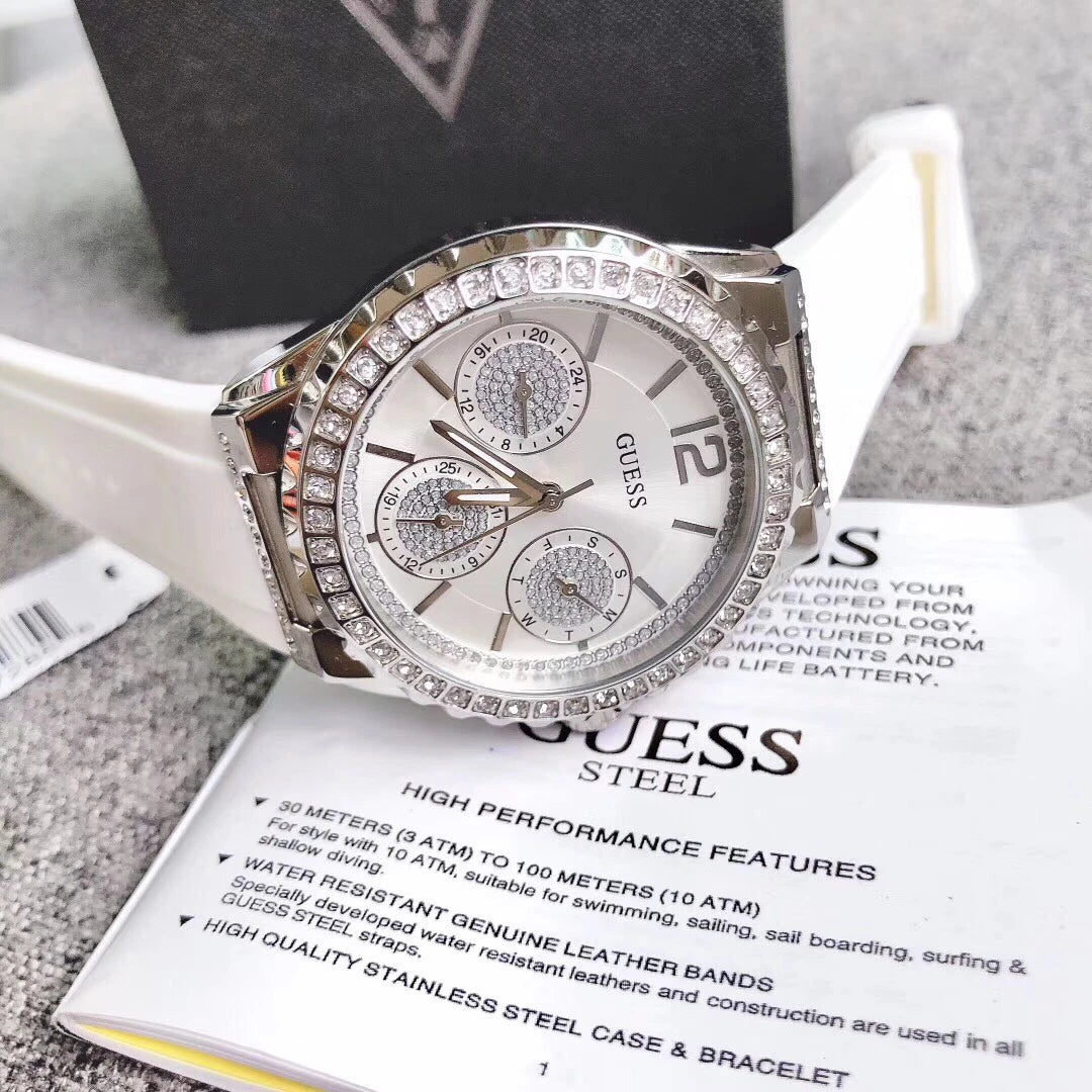  Shop Authentic Guess Starlight Multifunction Diamonds White Dial White Rubber Strap Watch for Women - W0846L8 - Luxxuri
