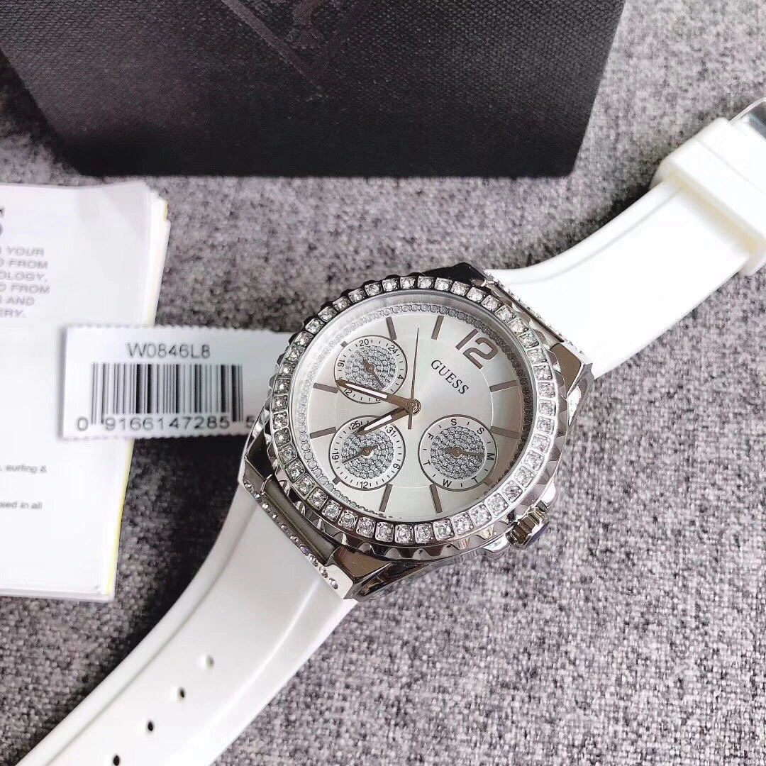  Shop Authentic Guess Starlight Multifunction Diamonds White Dial White Rubber Strap Watch for Women - W0846L8 - Luxxuri