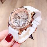  Shop Authentic Guess Confetti Crystal Rose Gold Dial White Silicone Strap Watch For Women - W1098L5 - Luxxuri