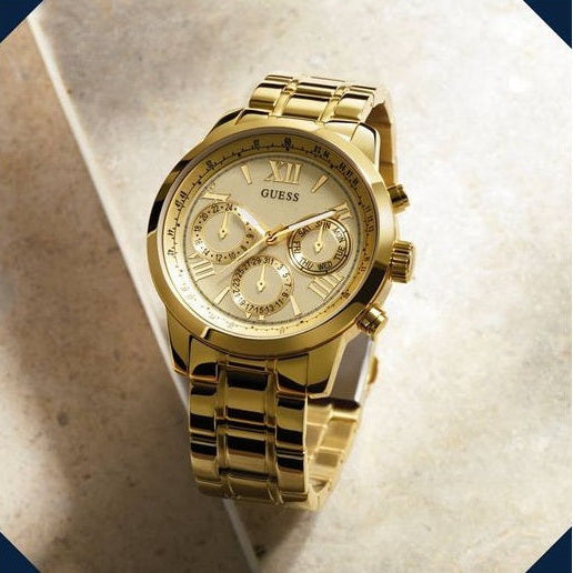  Shop Authentic Guess Sunrise Chronograph Gold Dial Gold Steel Strap Watch For Women - W0330L1 - Luxxuri